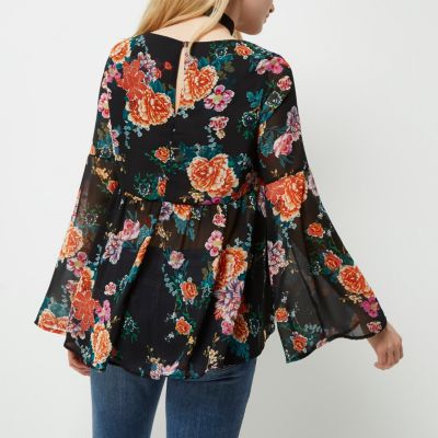 Black floral print smock blouse